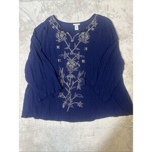 Women’s Catherines Blouse Embroidered Tassels Navy Blue Gold Plus 3X